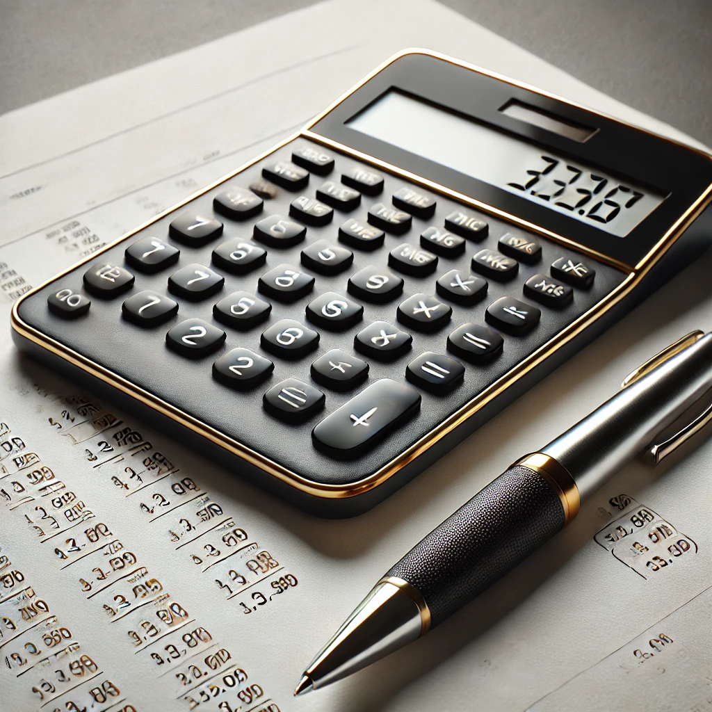 A-high-quality-detailed-image-of-a-black-calculator-with-a-gold-trim-resting-on-a-paper-filled-with-financial-calculations.-A-silver-pen-with-a-blac.webp